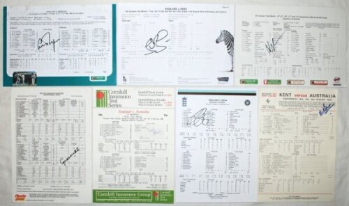 Notable achievement scorecards 1985-2018. Seven official scorecards in which a player made a notable performance or achieved a milestone. Signatures are Tim Robinson 175, England v Australia, 13th- 18th June 1985. Mark Benson 106, Kent v Australians, Cant