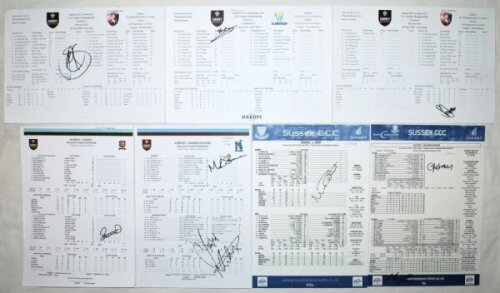 Signed County scorecards 2003-2019. Fourteen signed scorecards. Signatures include Tony Cottey (Sussex), Min Patel (Sussex), Kumar Sangakkara, Arun Harinath, Sam Curran, Ben Foakes, Mark Stoneman (Surrey), Ryan ten Doeschate (Essex), and one multi-signed 