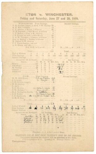 Douglas Jardine. Eton v Winchester 1919. Official scorecard for the match played at Agar Field, Eton College, 27th & 28th June 1919 in which Jardine captained the Winchester College team and opened the batting. Incomplete printed and handwritten scores. G