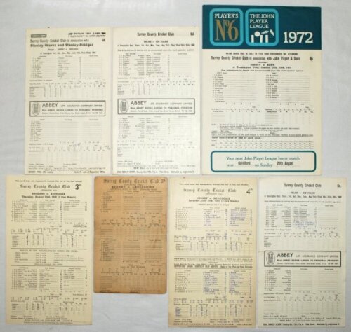 Surrey C.C.C. scorecards 1925 and 1956 onwards. Approx. one hundred and fifty official mainly modern scorecards for Surrey county matches and the odd Test match played at The Oval and some out grounds and away matches. Scorecards include Surrey v Lancashi