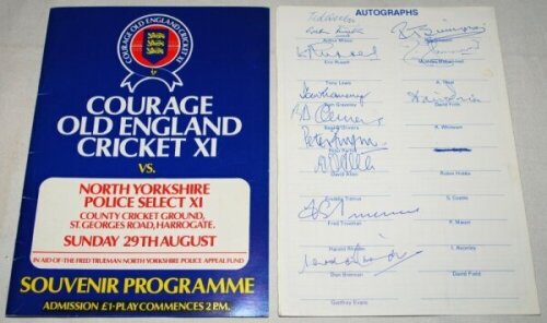 Courage Old England Cricket XI vs North Yorkshire Police Select XI, Harrogate, 29th August 1982. Official programme and scorecard, the programme signed to the player profile by Arthur Milton, the scorecard by twelve players including Dexter, Graveney, D'O