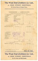 Yorkshire v Lancashire 1905. Early official 'Roses' scorecard for the match played at Bramall Lane, Sheffield 7th- 9th August 1905. Incomplete printed and handwritten scores for the match which Yorkshire won by 44 runs. Light vertical fold, otherwise in g