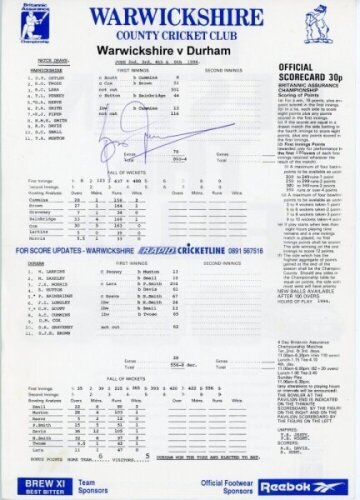 Brian Lara. 501 not out 1994. Official scorecard for Warwickshire v Durham, 2nd- 6th June 1994, when Lara made the record score of 501. The scorecard signed by Lara. Sold with a colour magazine cutting image of Lara hitting the boundary to reach the recor