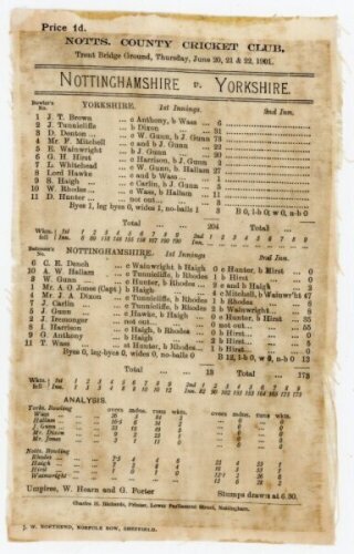 Nottinghamshire v Yorkshire 1901. Official silk scorecard for the match played at Trent Bridge, Nottingham on 20th- 22nd June 1901. Yorkshire in their only innings made 204 all out with Denton making 73 and J. Gunn taking 5-49 for Nottinghamshire. In thei