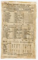 Nottinghamshire v Yorkshire 1901. Official silk scorecard for the match played at Trent Bridge, Nottingham on 20th- 22nd June 1901. Yorkshire in their only innings made 204 all out with Denton making 73 and J. Gunn taking 5-49 for Nottinghamshire. In thei