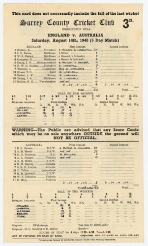 Don Bradman's final Test innings. Official scorecard for the fifth Test, England v Australia, The Oval, 14th- 18th August 1948 in which Bradman played his final Test innings and was famously bowled out by Eric Hollies for nought. The scorecard with printe