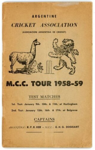 M.C.C. tour of Argentina 1958-59. Official souvenir brochure for the M.C.C. tour 1958-59. Issued by the Argentine Cricket Association. Pictorial covers. With team detail, itinerary, player profile, pen pictures to inside pages. Vertical fold and age tonin