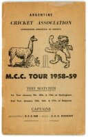 M.C.C. tour of Argentina 1958-59. Official souvenir brochure for the M.C.C. tour 1958-59. Issued by the Argentine Cricket Association. Pictorial covers. With team detail, itinerary, player profile, pen pictures to inside pages. Vertical fold and age tonin