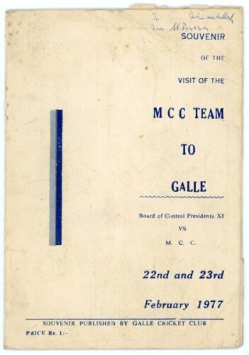 M.C.C. tour to India, Sri Lanka and Australia 1976/77. Official 'Souvenir of the Visit of the M.C.C. Team to Galle'. Official programme for the match Board of Control's President's XI v M.C.C., 22nd & 23rd February 1977. Published by Galle Cricket Club. F