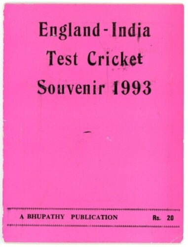 England tour to India 1992/93. Pre-tour brochure, 'England- India Test Cricket Souvenir 1993', edited and published by D.R. Bupathy, and an official scorecard for the second Test match, Madras, 11th- 15th February 1993. Both signed by England captain, Gra