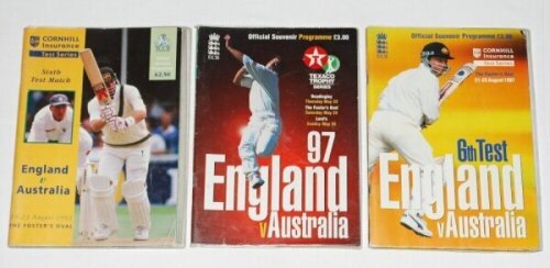 England v Australia 1993 and 1997. Three official programmes, each multi-signed by players and some umpires. Programmes are Sixth Test, The Oval 19th- 23rd August 1993 (29 signatures) Texaco Trophy Series 1997 (42), and Sixth Test, The Oval 21st- 25th Aug