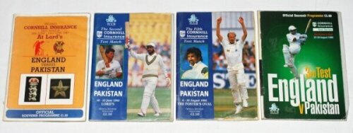 England v Pakistan 1987, 1992 and 1996. Four official programmes, each multi-signed by players and some umpires. Programmes are Second Test, Lord's 18th- 23rd June 1987 (11 signatures), Second Test, Lord's 18th- 22nd June 1992 (29), Fifth Test, The Oval 6