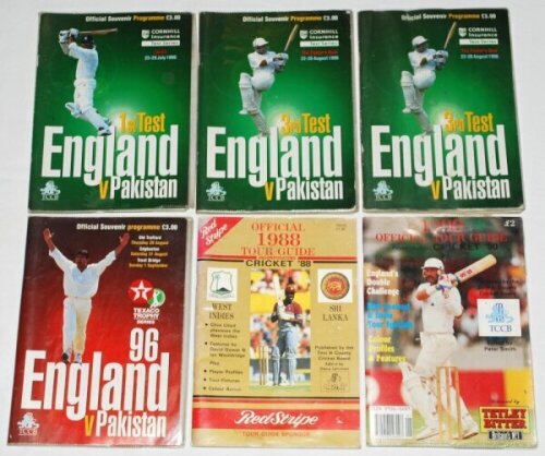 England v Pakistan 1996. Four official programmes, each multi-signed by players and some umpires. Programmes are First Test, Lord's 25th- 29th July 1996 (30 signatures), Third Test, The Oval 22nd- 26th August 1996 (2 copies, 35 to each), and Texaco Trophy
