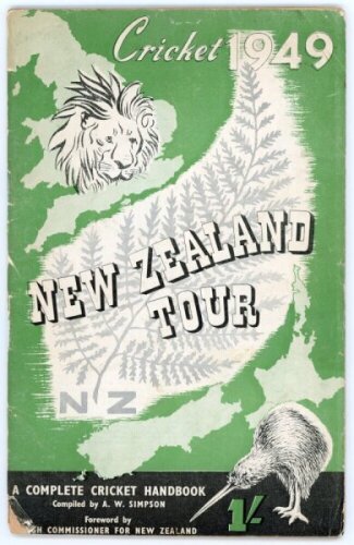 'Cricket 1949 New Zealand Tour'. Official souvenir brochure for the New Zealand tour of England. Edited by A.W. Simpson. Pictorial covers. Fully signed in black ink to inside pen pictures by all fifteen playing members of the touring party. Signatures are