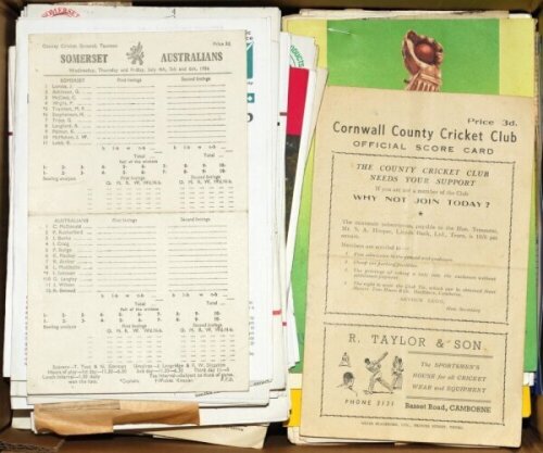 South West cricket scorecards and programmes 1950s onwards. Box comprising a large selection of official scorecards, programmes and newspaper cuttings of match reports, covering county cricket in Somerset and Cornwall, also club cricket with significant c