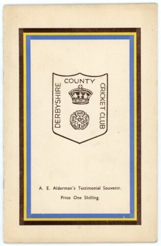 Albert Edward Alderman. Derbyshire 1928-1948. Official 'A.E. Alderman's Testimonial Souvenir' booklet issued by Derbyshire C.C.C. in 1948. Nicely signed in blue ink to the 'Derbyshire Cricketers, 1947', photo page. Signatures are E.J. Gothard (Captain), D