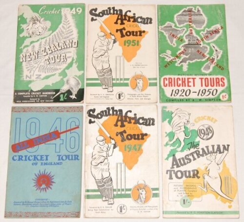 Souvenir tour guides and programmes 1946-1963. A good selection of nineteen souvenir tour guides. Includes five edited by A.W. Simpson, 'All India Cricket Tour of England 1946', 'South African Cricket Tour' 1947 and 1951, the 1947 with detached wrapper. '