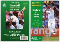 Signed England home programmes 1991 and 1994. Two official match programmes. One for the 5th Test v West Indies, 8th- 12th August 1991, signed by Alec Stewart, Jeffrey Dujon and Patrick Patterson. The other for the 1st Test v South Africa, Lord's 21st Jul