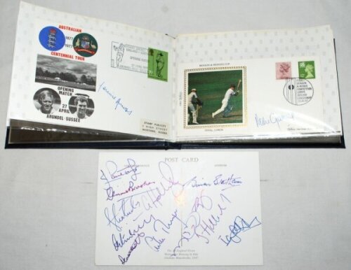 Signed first day covers and postcards 1970s-1990s. Album comprising forty commemorative covers, postcards, each signed or multi-signed. Covers include Australian Centennial Tour 1877-1977, Arundel, signed by Dennis Amiss, Prudential World Cup India v New 