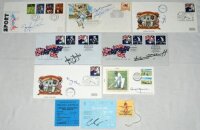 Australian signed commemorative covers 1980s. Seven signed covers. A Benham Silk, 'Cricket' 1984 signed by Terry Jenner. 200th Anniversary Australia England' 1988, two official T.C.C.B. covers, one signed by Lindsay Kline, the other by Ian Meckiff. Austra