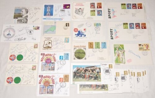 Cricket first days covers and postcards 1960s onwards. A large selection of over one hundred and seventy home and overseas commemorative covers, postcards and philatelic issues, Includes a good number of signed or multisigned covers, South Africa v Engla