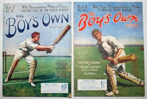 'The Boy's Own Paper' 1918 and 1919. Two original copies of the magazine, Vol. XL Part 7, May 1918, and Vol. XLI Part 8, June 1919. Both copies with very attractive colour wrappers with illustrations by T.M.R. Whitwell, each of a batsman playing a stroke.