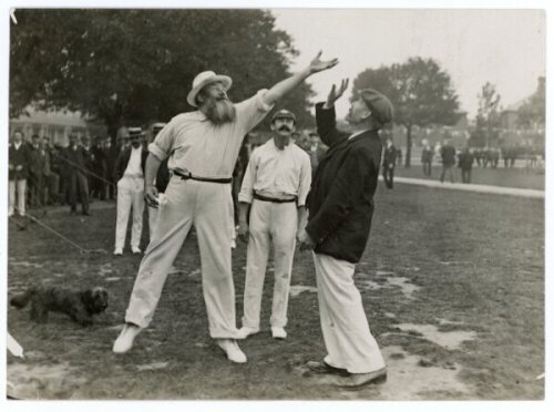 W.G. Grace. Two original mono candid style photographs of Grace appearing for a match played at Twickenham, probably 1908. Both photographs depict Grace in cricket attire and straw hat. In one Grace is exiting the Church Institute with other players and, 