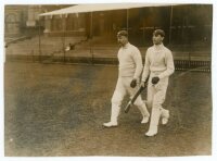 Surrey C.C.C. c.1905. Three original sepia photographs, each with ink annotation to verso, 'Opening of the cricket season, Surrey county trial match'. The images depicts a youthful Jack Hobbs walking out to bat with Tom Hayward, the Surrey XI taking the f