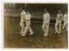 Surrey C.C.C. c.1905. Three original sepia photographs, each with ink annotation to verso, 'Opening of the cricket season, Surrey county trial match'. The images depicts a youthful Jack Hobbs walking out to bat with Tom Hayward, the Surrey XI taking the f - 3