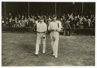 The Ashes. England v Australia 1905. Early original mono postcard size press photograph from the 1905 Ashes series of the Australian captain, Joe Darling, and Charlie McLeod walking out to bat for Australia in the fifth Test at The Oval, 14th- 16th August