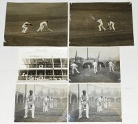 South Africa tour to England 1907. Four original mono press photographs from the 1907 tour. Images include the touring party waving to the crowds on arrival on the S.S. Durham Castle at Southampton, practising in the nets at Lord's, and two copies of Sout