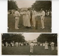 'County Fair at Botanic Garden in aid of "Our Dumb Friends League"' c.1905. Two original mono photographs depicting a cricket match between actors and actresses with good crowds looking on in Edwardian finery. Inscription in ink to verso of one describes 