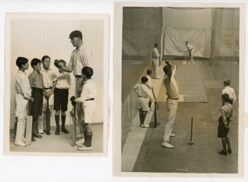 Patsy Hendren and Jack Durston. Middlesex c.1930. Three original mono press photographs of Hendren and Durston coaching boys at the West London Indoor Cricket School. 8"x6" and smaller. Official stamps for Daily Mirror Illustration Bureau and Victor Forbi