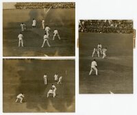 The Ashes. England v Australia 1909. Three original mono press photographs of action from the fifth Test, The Oval 9th- 11th August 1909 with large crowds in attendance. One image depicts Bardsley batting for Australia where he became the first player to 