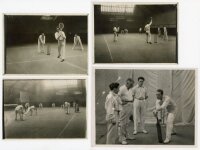 Middlesex, Surrey and Essex c.1910. Three original mono press photographs of County professionals playing 'the newly invented game of indoor cricket, which is played with tennis bats & rubber ball'. Annotations to verso indicate the following players, Alb