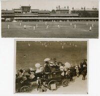 Oxford v Cambridge Varsity matches early 1900s. Two original mono press photographs of Varsity matches at Lord's, both depicting a match in progress, one with spectators in the foreground viewing the game from the top of a brake (carriage). Sold with a si