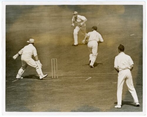 John Berry 'Jack' Hobbs, Surrey & England 1905-1934. Two original sepia press photographs taken during the Somerset v Surrey match at Taunton, 15th- 18th August 1925, in which Jack Hobbs scored his 126th and 127th first-class centuries to equal and then b