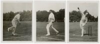 Politicians at cricket 1914. Two sets of three original mono press photographs of public figures, Sir Abe Bailey, Lord Lovat, and Viscount Castlereagh in bowling and fielding poses. The three images appeared in a Daily Mirror article, 'M.P.s Forget Politi