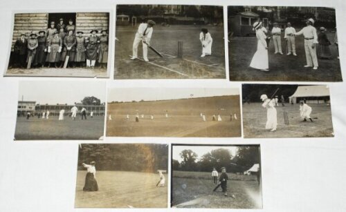 Ladies cricket early 1900s. Six original mono press photographs, each depicting ladies at cricket. Annotations to verso describe 'Hastings Ladies Cricket Club x Police XI', one with 'Mrs Adamson and Detective Philpott the captain tossing', the other 'Miss