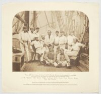 '"England's Twelve Champion Cricketers", by T.H. Hennah... photographed on board ship at Liverpool Sept. 7th 1859'. Reproduction of the original photograph, from the Royal Photographic Society collection, of George Parr's team for the first England overse