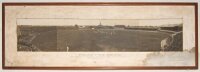 'England v New Zealand. First Test Match played at Lancaster Park, Christchurch, March 24th, 25th and 27th 1933'. Original panoramic view comprising four joined mono photographs of the first Test match in progress in the New Zealand leg of the 'Bodyline' 