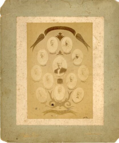 'Marie Louise Cricket Club, Transvaal, South Africa 1896-1897'. Original sepia photograph of the Club President, H. Leow in cameo to centre, surrounded by eleven cameos of club players, including C. Mainon (Captain) who played two first-class matches for 