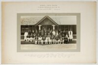 'Durham v South Africans, At Ashbrooke, Sunderland' 1924. Large official mono photograph of the teams and officials wearing cricket and assorted blazers, seated and standing in rows in front of the pavilion for the match played 23rd & 24th July 1924. The 
