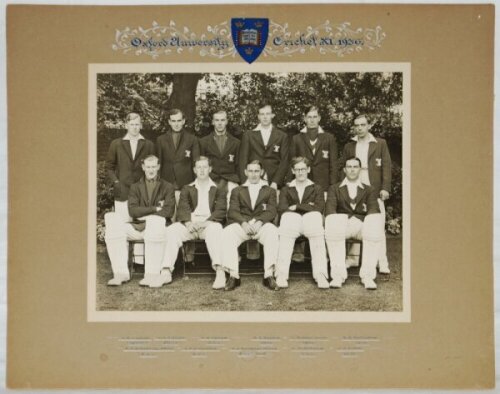 Oxford University Cricket XI 1936. Large official mono photograph of the 1936 Oxford University team seated and standing in rows wearing cricket attire and blazers. The photograph, measuring 11.25"x9", is laid to official photographer's mount with hand pr