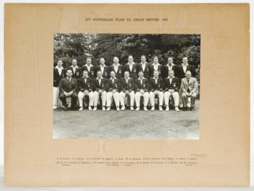 Team photographs 1930s-1940s. Five official mono team photographs including '20th Australian Team to Great Britain, 1948'. Large official mono photograph of the Australian touring party seated and standing in rows wearing tour blazers. Signed to the mount