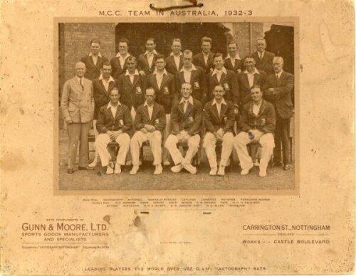 Bodyline. 'M.C.C. Team in Australia, 1932-3'. Gunn & Moore of Nottingham advertising calendar card with real photograph of the M.C.C. touring party seated and standing in rows wearing tour blazers. Players include Jardine (Captain), Wyatt, Sutcliffe, Alle