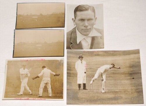 The Ashes. England v Australia 1921. Five original sepia photographs from the 1921 Ashes series. Includes three Central News press photographs of Cecil Parkin bowling for England in the third Test at Headingley, a head and shoulders portrait of Arthur Mai