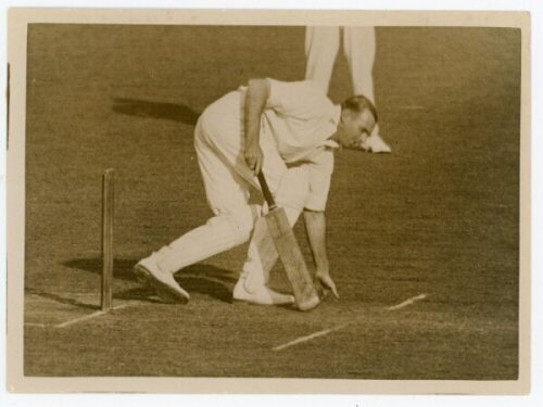 Australia tour to England 1926. Two original sepia press photographs from the tour match v Leicester, Aylestone Road, 1st- 4th May 1926. The photographs depict Jack Gregory struck on the knee during his innings of 120no in Australia's only innings, and Wa