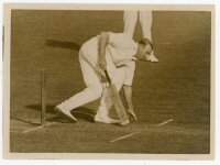 Australia tour to England 1926. Two original sepia press photographs from the tour match v Leicester, Aylestone Road, 1st- 4th May 1926. The photographs depict Jack Gregory struck on the knee during his innings of 120no in Australia's only innings, and Wa