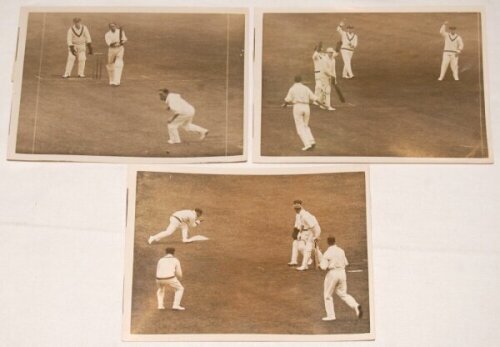 Australia tour to England 1926. Three original sepia press photographs from the tour match v Cambridge University, Fenners, 19th- 21st May 1926. The photographs depict Duleepsinhji playing a straight drive, Australian wicketkeeper, Ellis, celebrating taki